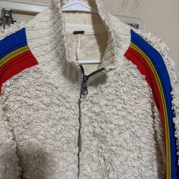 Free People Marshmallow Stripe Sweater S Cream Deep Pile Rainbow Sleeve furry - Picture 3 of 8